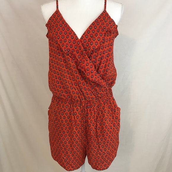 1. State Pants - 1.State Orange Printed Spaghetti Strap Romper